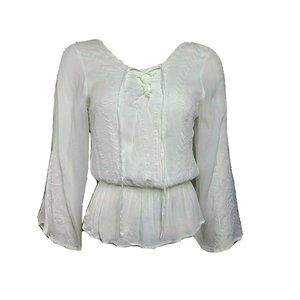XOXO Solid All White Embroidered Long Sleeve  Chiffon Top Womens Size XS